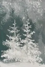 Acrylic painting "Merry Christmas!" by Klaudia Wojciech, Polish artist based in UK. Festive snowy Christmas tree artwork, contemporary holiday art from Bristol.