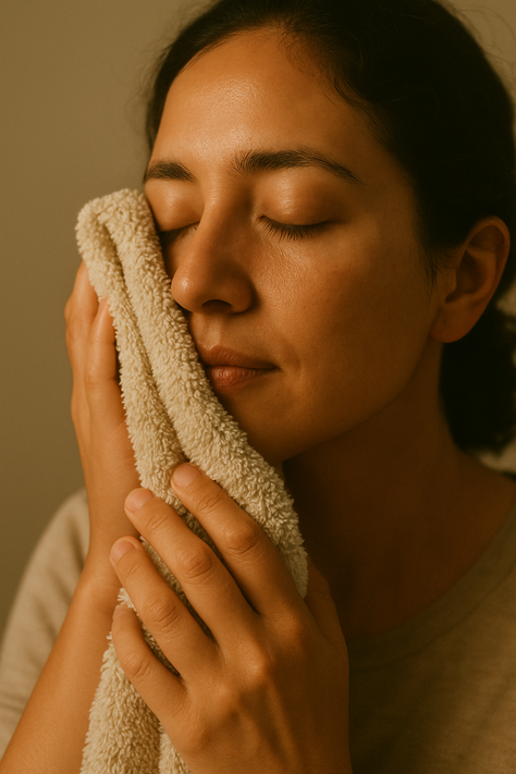 Hands using textured cloth for grounding sensory feedback on face.