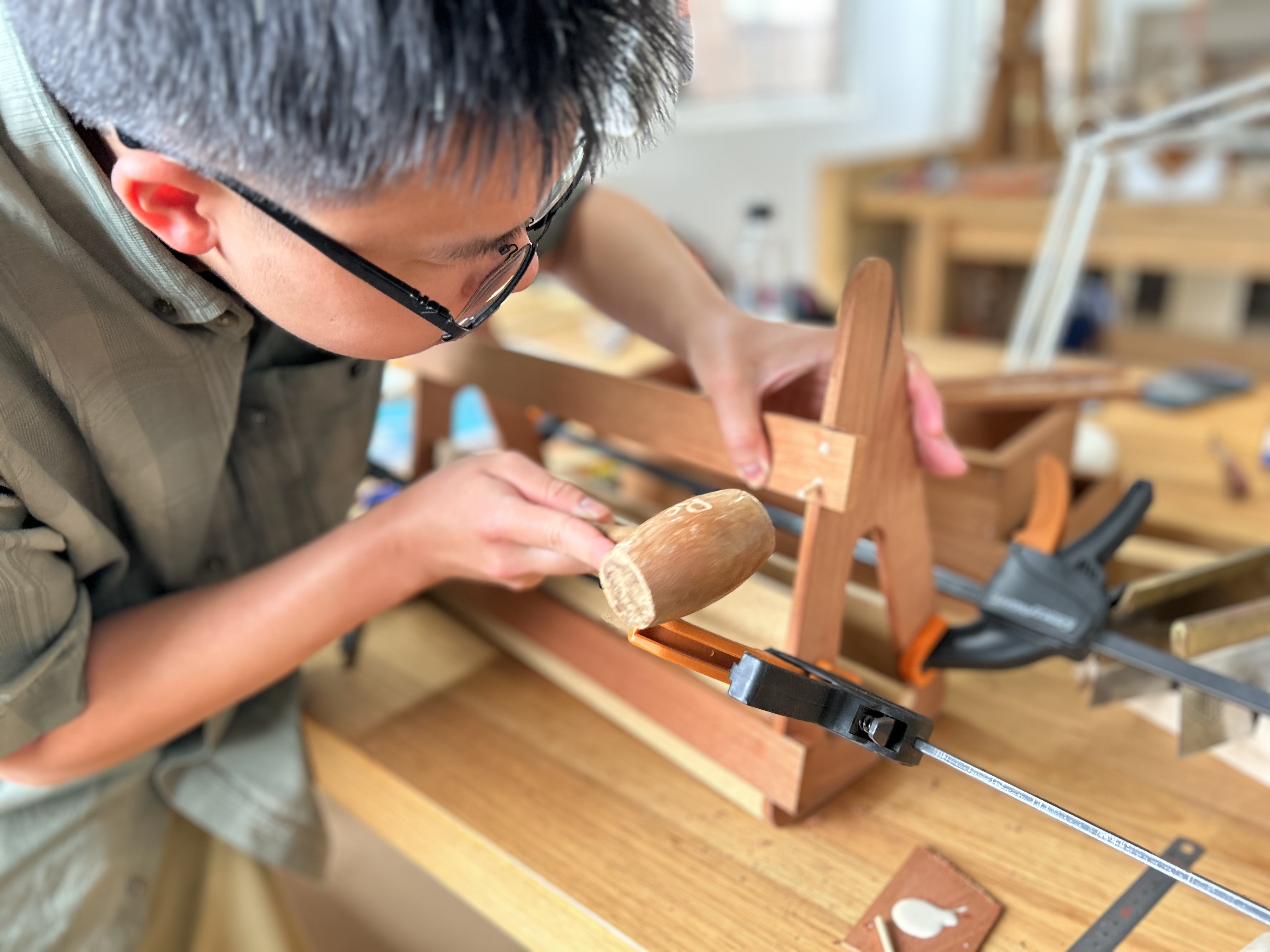 Keepsake box project work during a Chisel & Dowel term woodworking class.