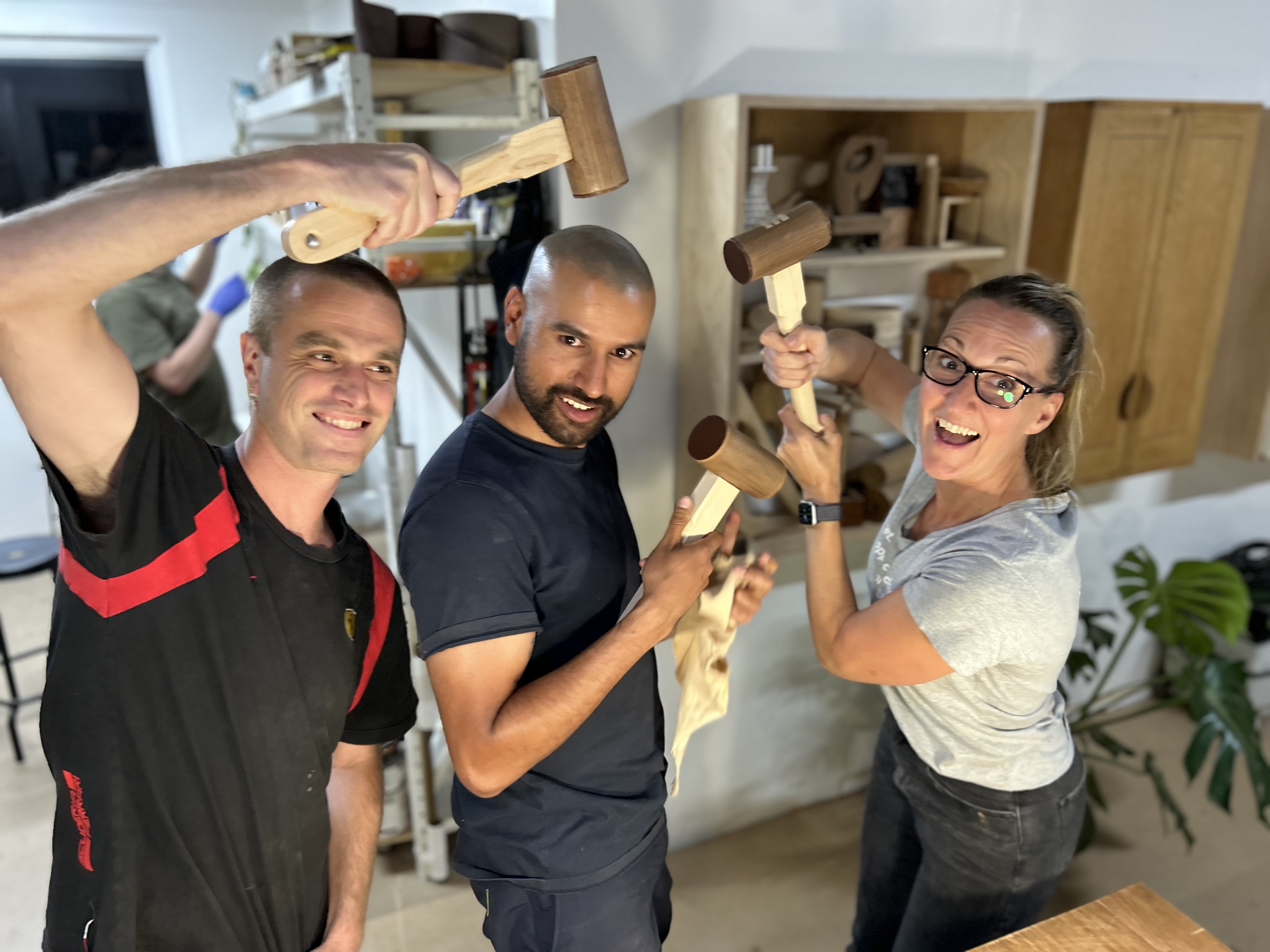 Students making wooden mallets during a Chisel & Dowel woodworking class in Sydney.