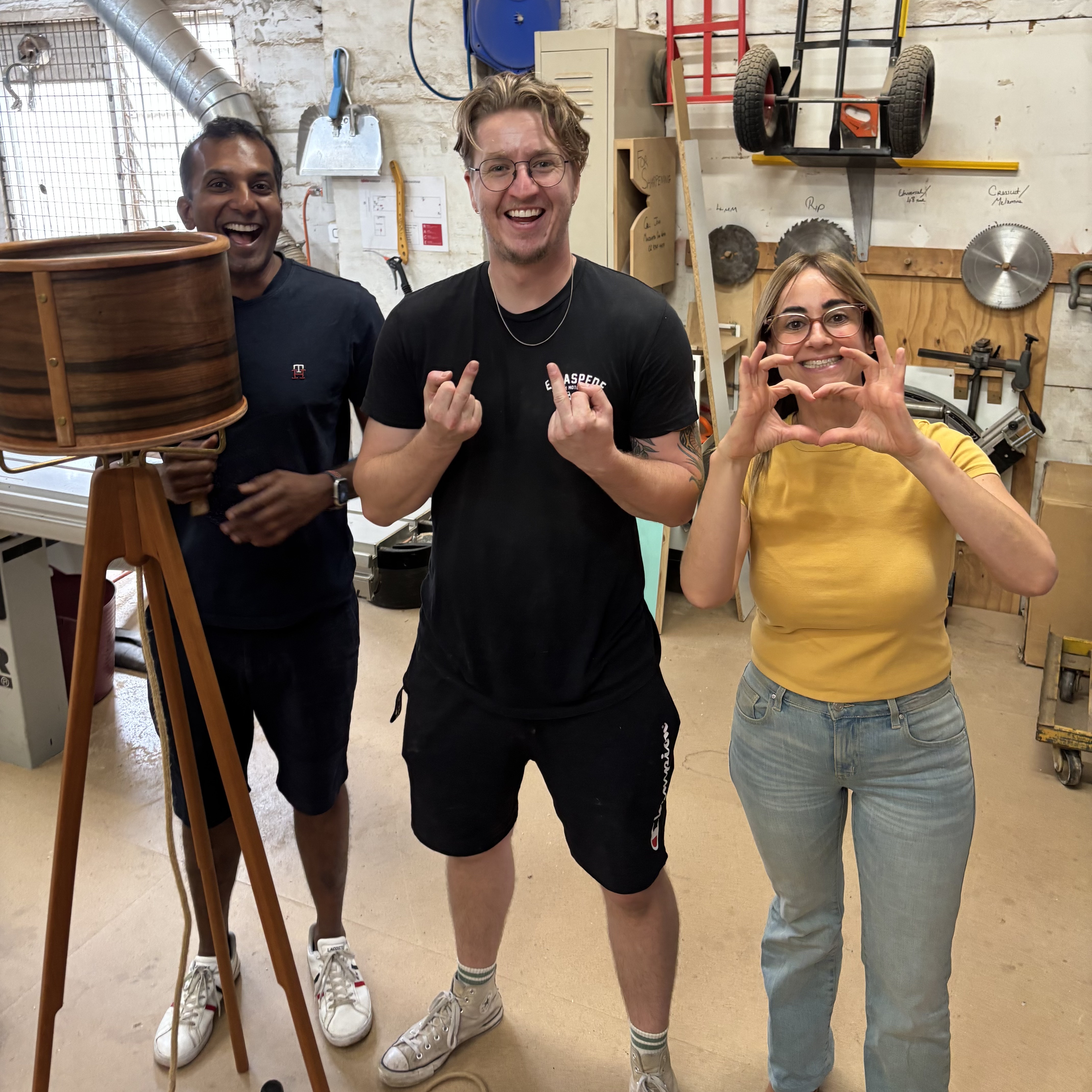 Students working with timber during the early foundation projects at Chisel & Dowel woodworking school in Sydney.