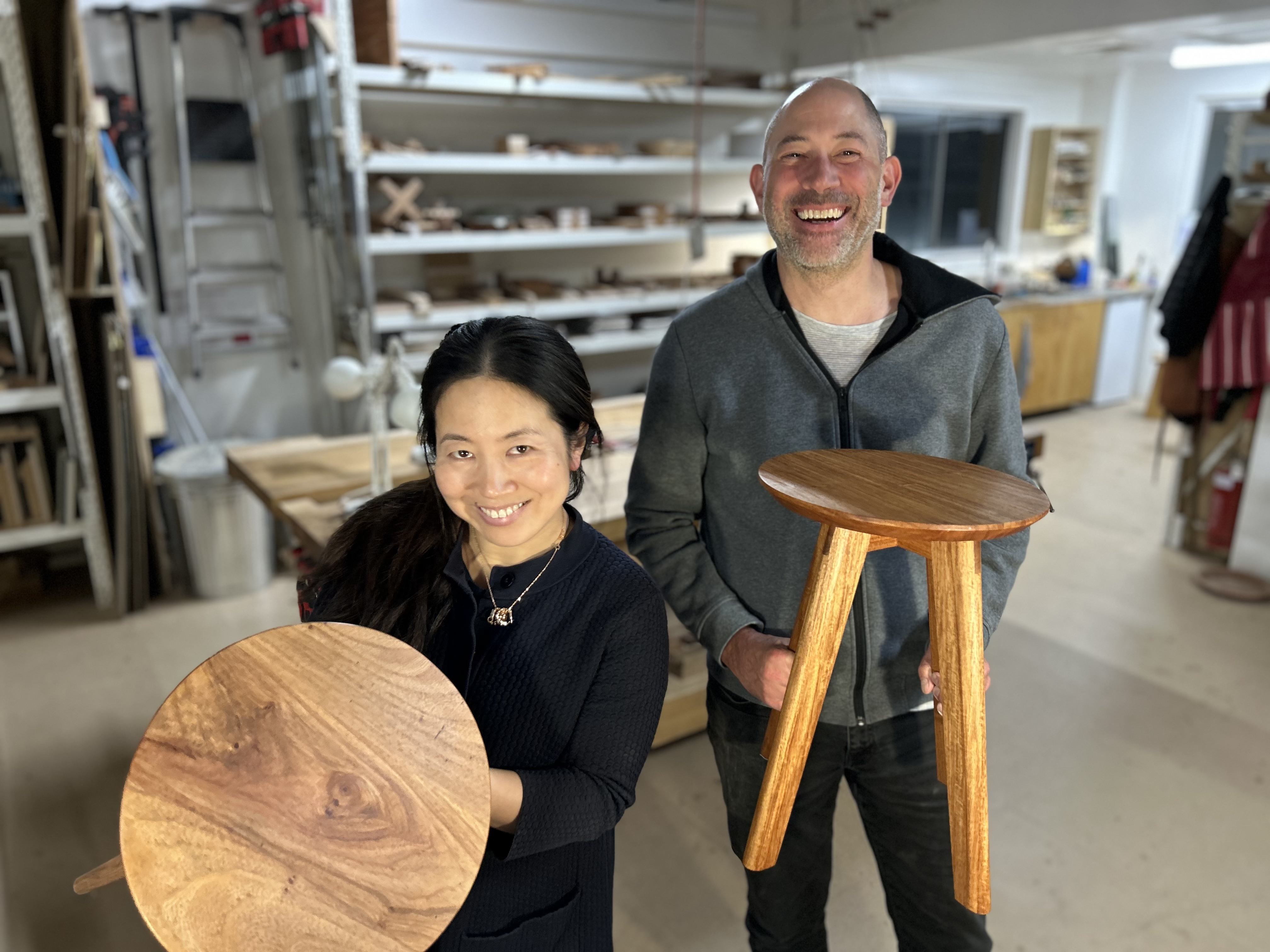 Students working on timber stool and side-table projects during a Chisel & Dowel woodworking class in Sydney.