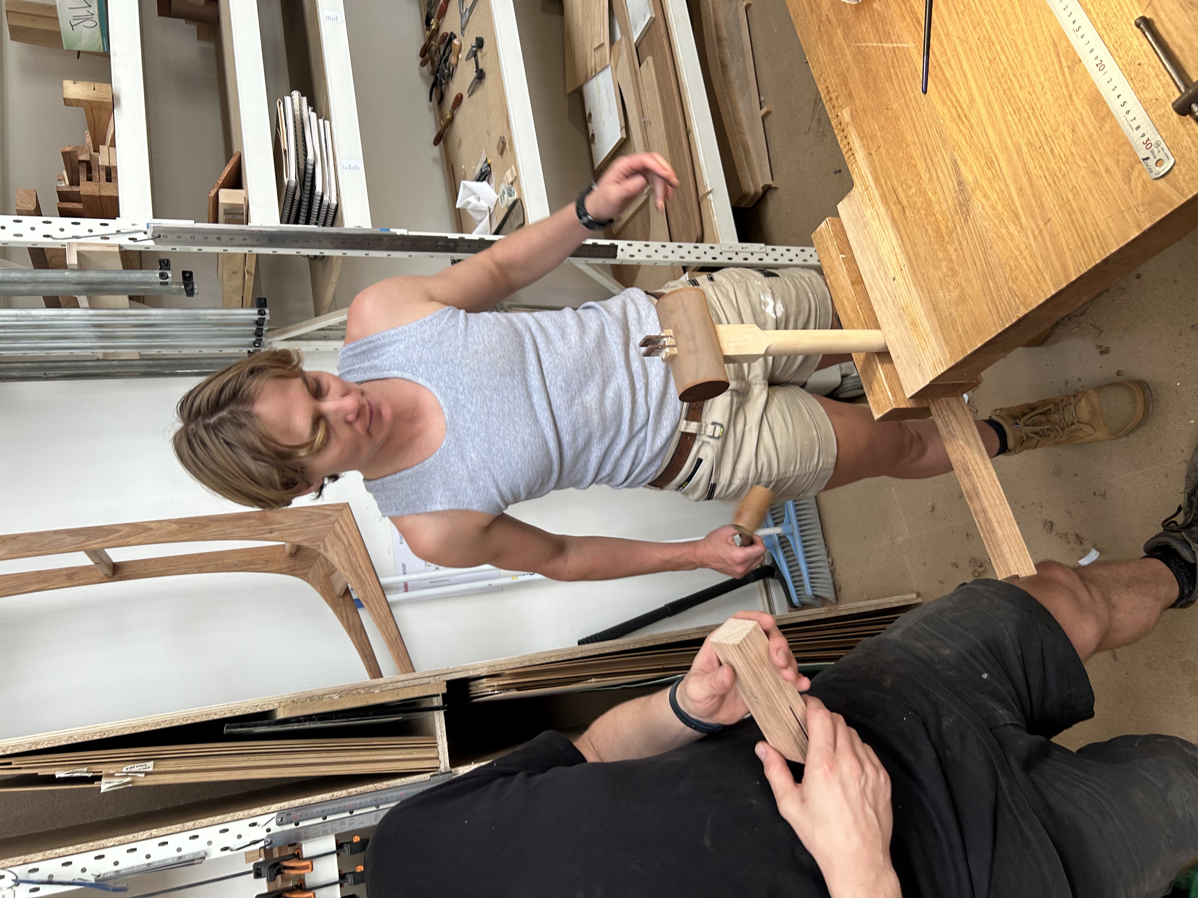 Student woodworking on the mallet project, practising accurate joinery and fitting.