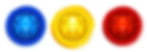 Three pig coins. One blue, one yellow, and one red