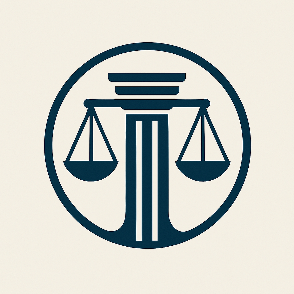 Emblème stylisé représentant la justice immobilière avec balance, maison et livre de droit