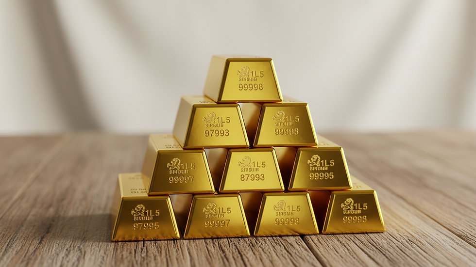 Eye-level view of gold bars stacked neatly on a wooden table