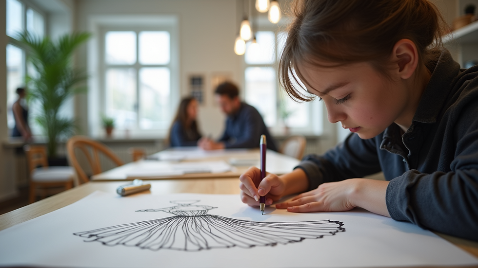 Eye-level view of a fashion design student sketching a dress