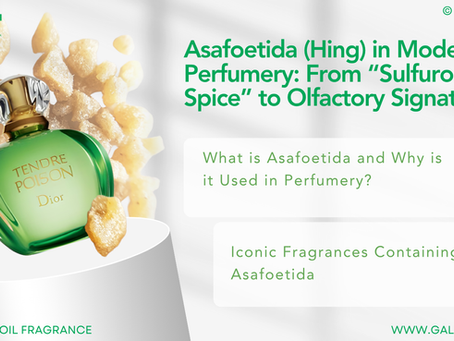 Flacon de parfum artisanal sur fond vert et boisé, illustrant l’utilisation de la résine d’asafoetida (hing) en parfumerie moderne pour ajouter une profondeur verte, résineuse et ambrée aux compositions olfactives.