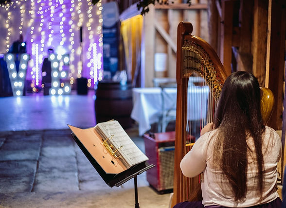 Bristol based singing harpist available for weddings, corporate events, funerals and care homes. LizzyHartMusician covers Somerset, Gloucester, Wiltshire and Wales. Photographed at Over Barn by Oliver Kirk Photography