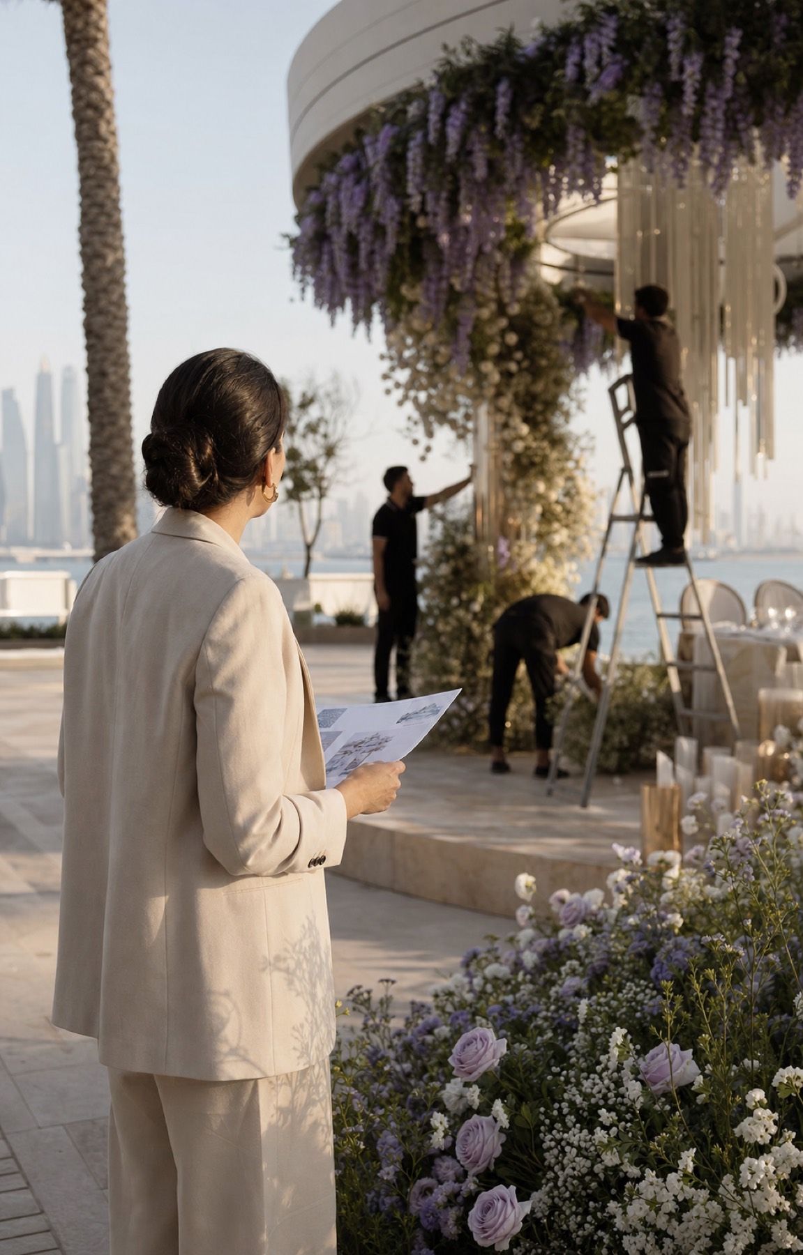 MoreLess-style event planner supervising a luxury wedding installation in Dubai