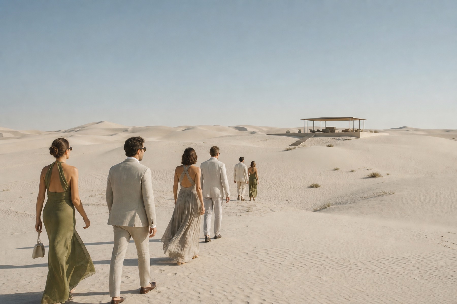 Wedding guests crossing pale Dubai dunes toward a private desert pavilion