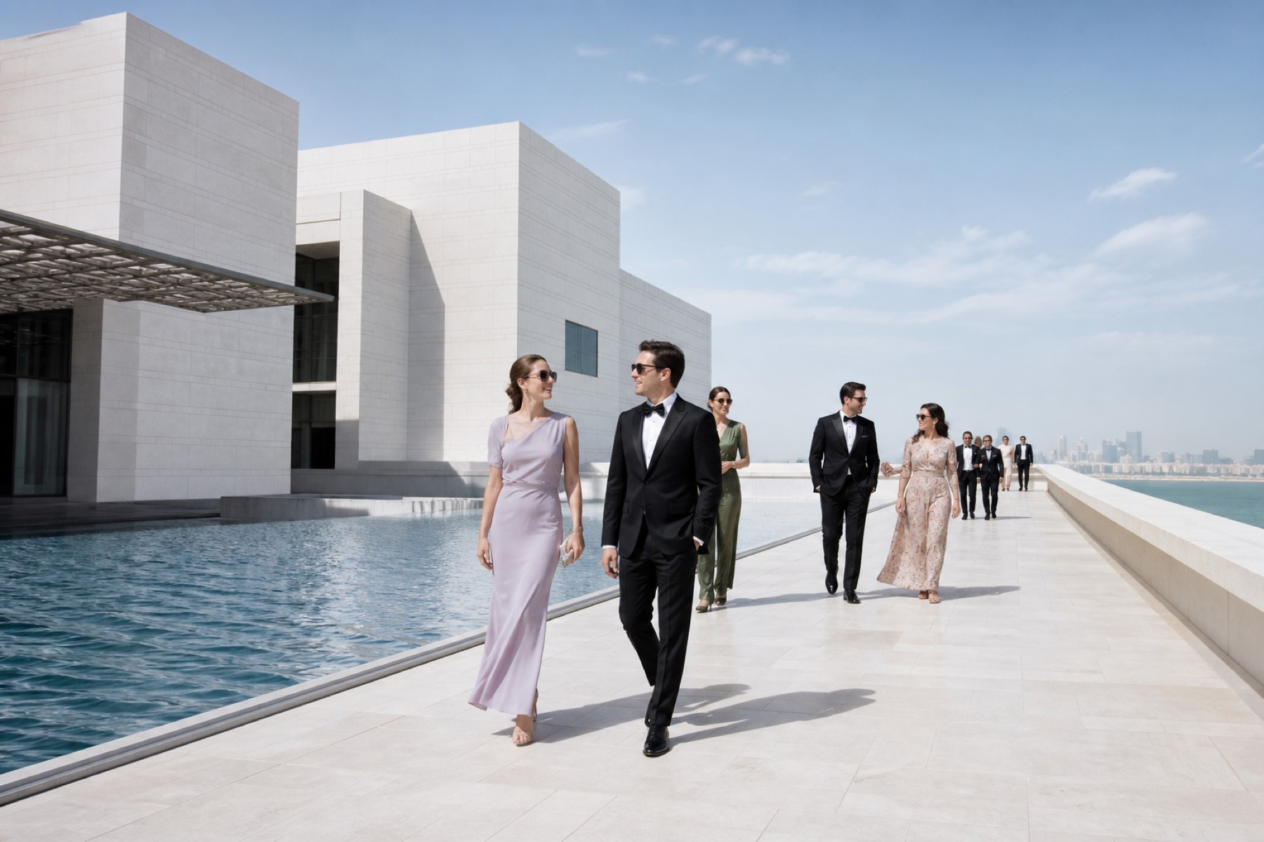 Airy daytime view of pale cultural architecture and water on Saadiyat with elegantly dressed guests arriving; no décor.