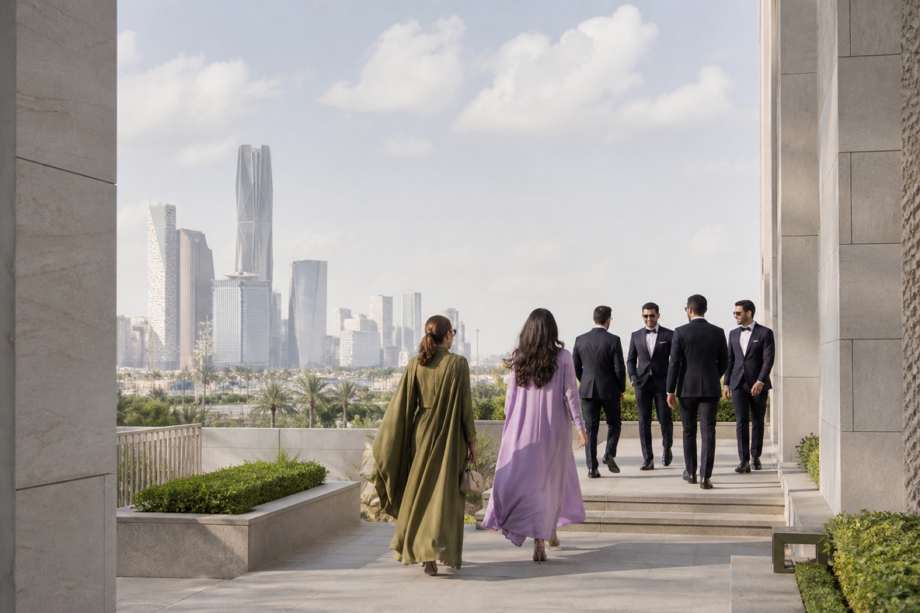 Bright contemporary Riyadh skyline and limestone architecture with formal guests arriving; no event décor.
