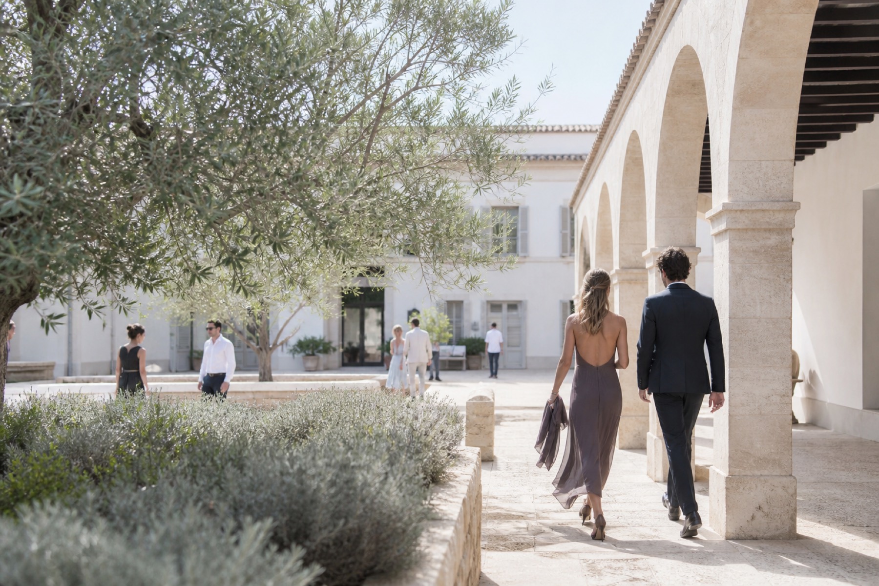 Bright Mediterranean Spanish estate courtyard with a couple and guests moving through pale stone arches; no décor.