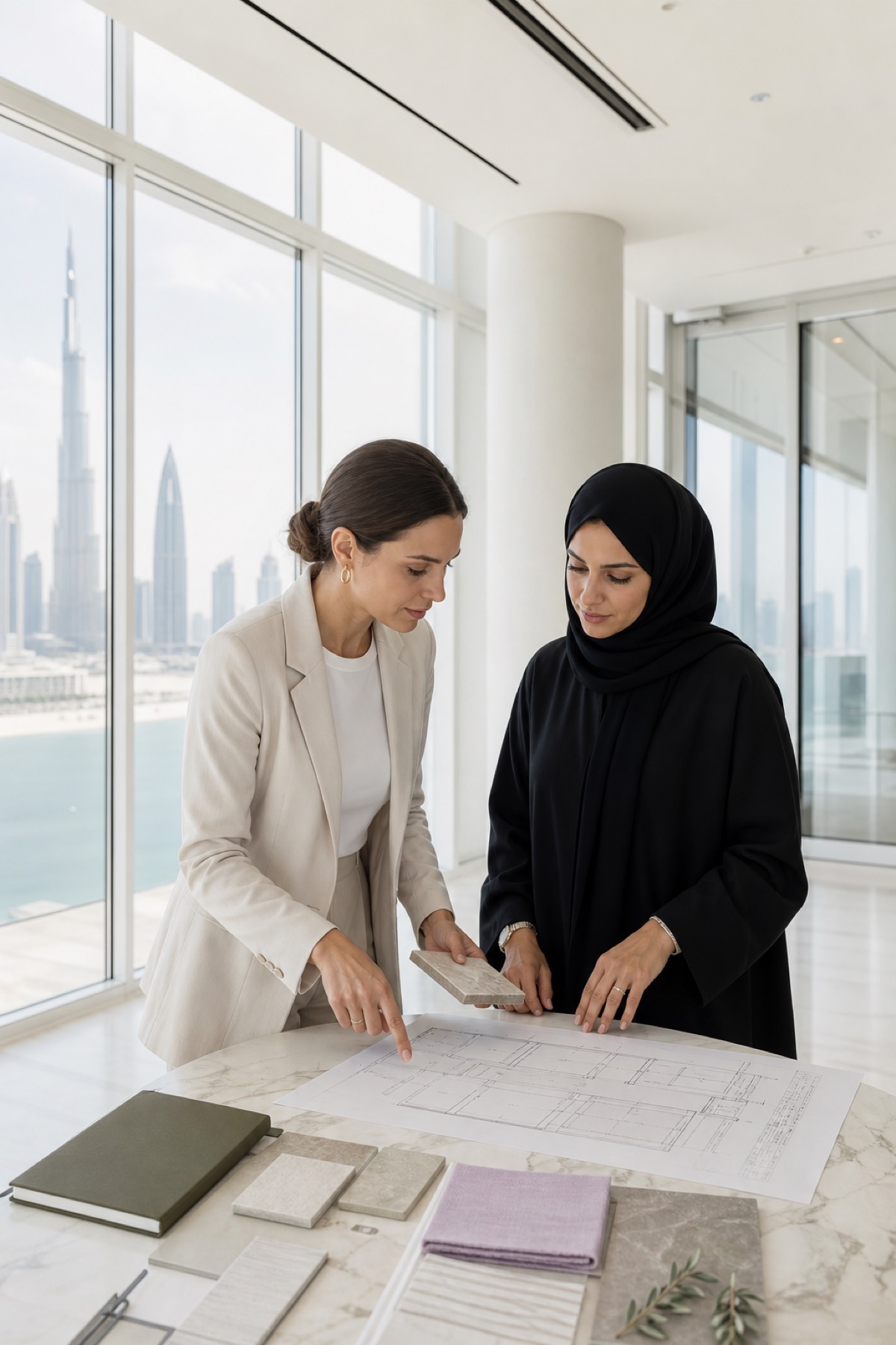 Wedding planner and Dubai venue manager reviewing a floor plan and material samples