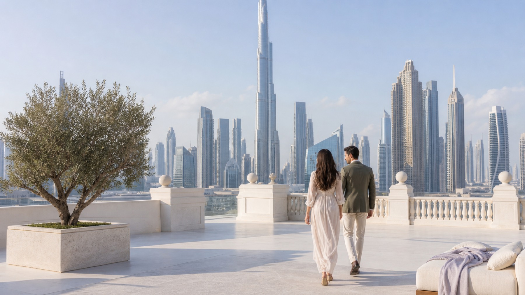 Couple walking on a bright Dubai terrace overlooking the city skyline