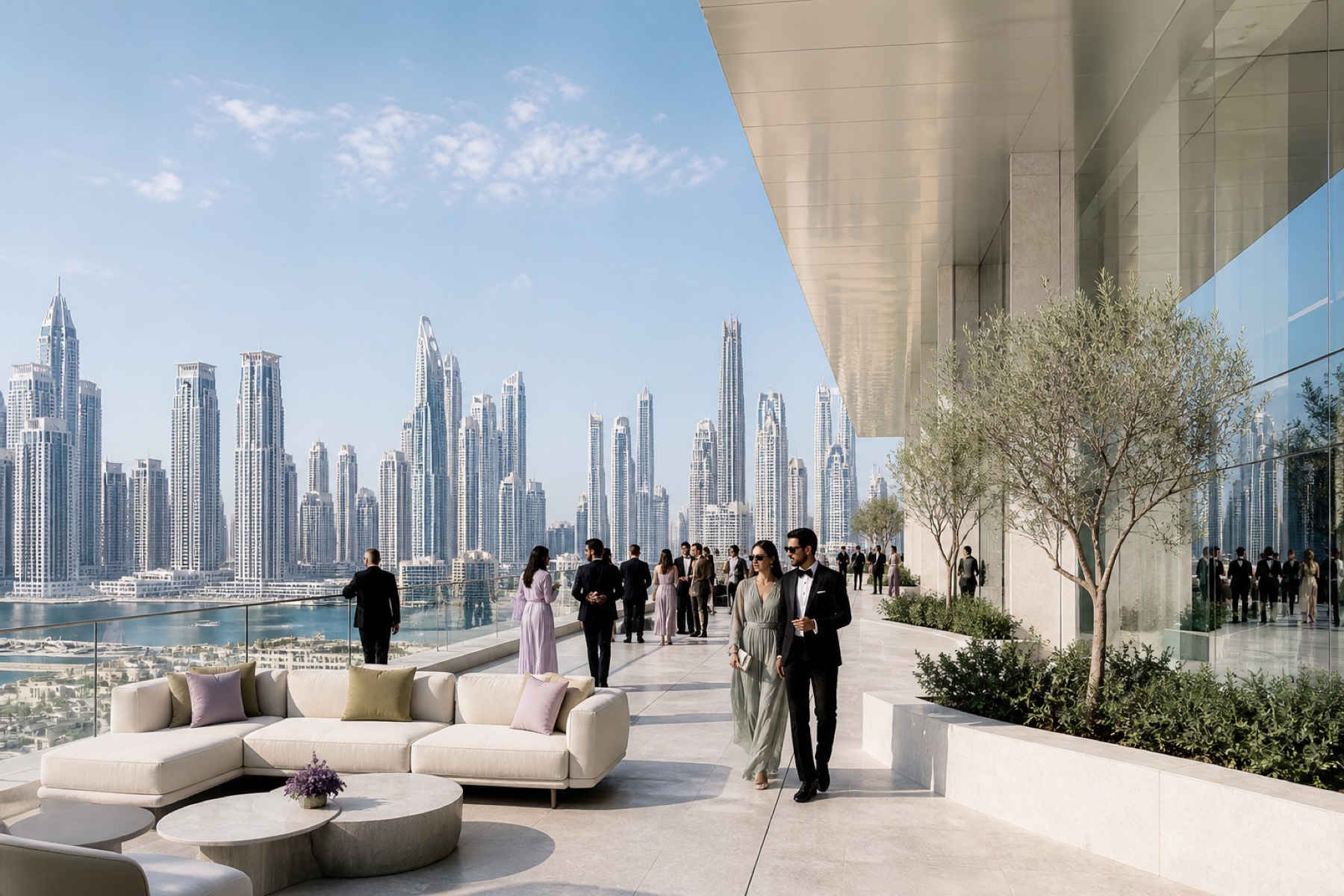 Elegant guests arriving at a bright contemporary Dubai venue overlooking the skyline