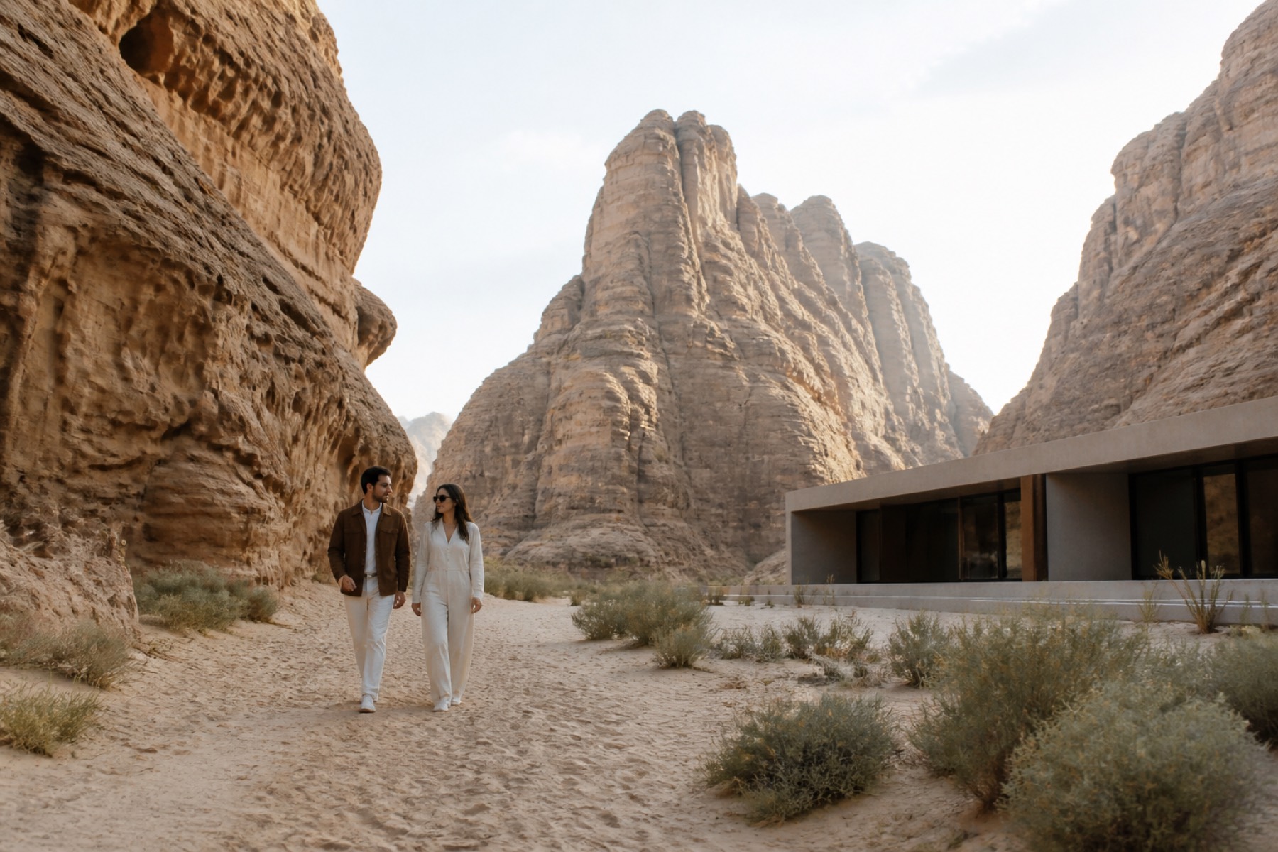 Soft daylight sandstone canyon in AlUla with a couple walking near a minimal contemporary desert resort; no décor.