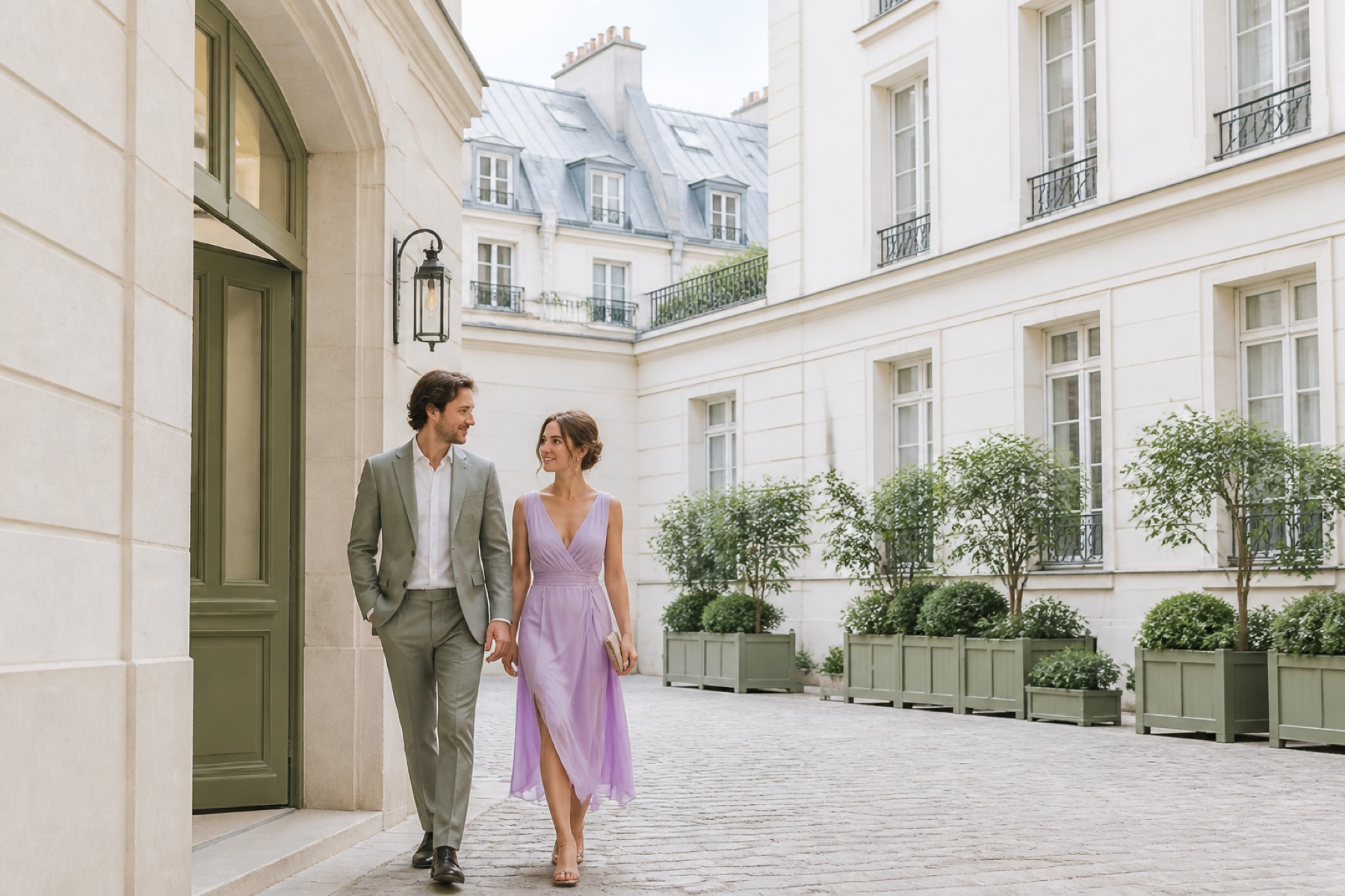 Bright Parisian stone courtyard and distant skyline with a couple arriving through elegant architecture; no décor.