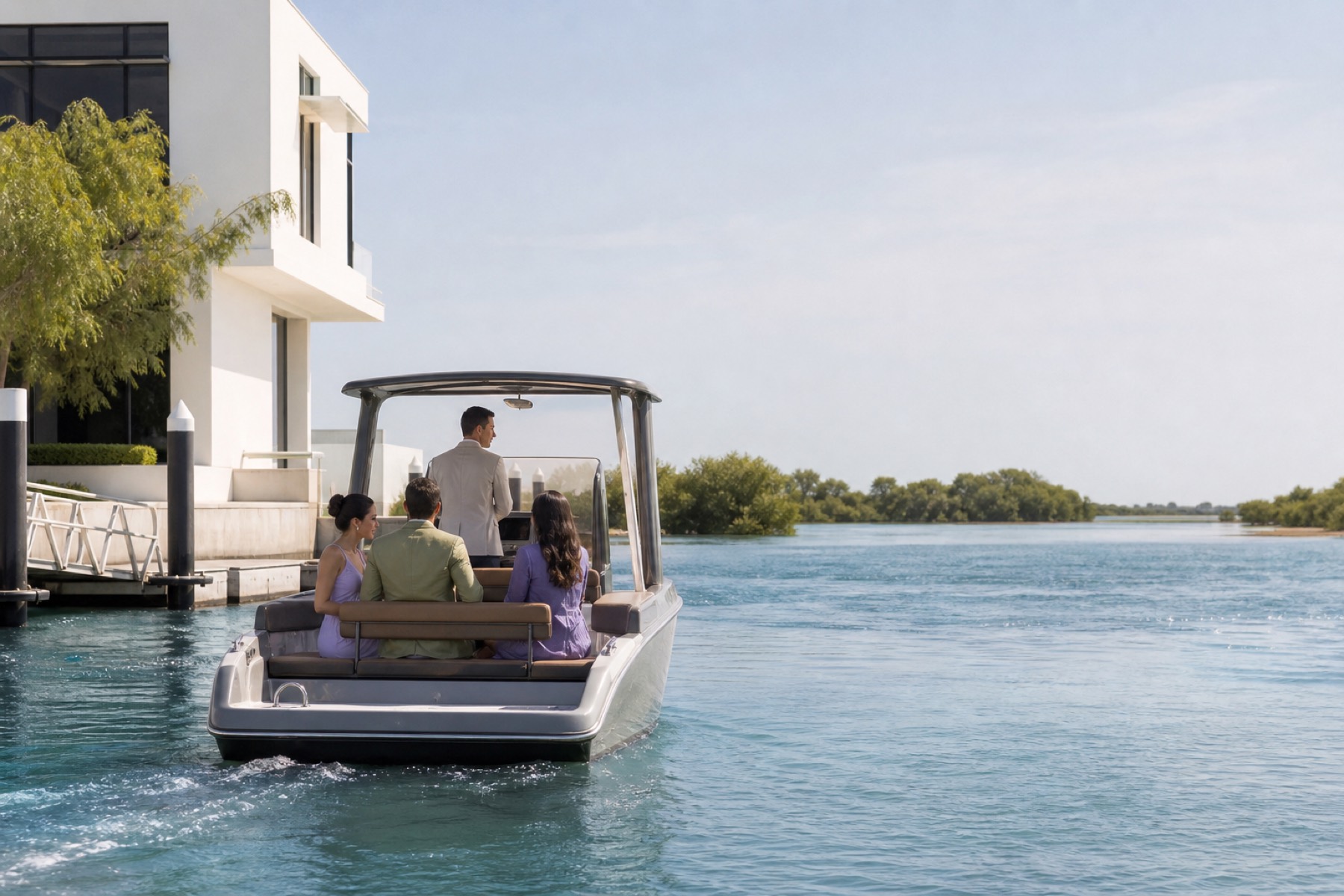 Bright blue-water and mangrove landscape in Umm Al Quwain with a small boat carrying elegantly dressed guests; no décor.