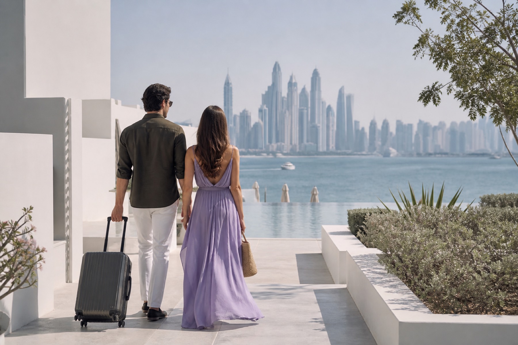 Bright aerial coastal cityscape in the UAE with an international couple arriving at a modern white resort; no event décor.