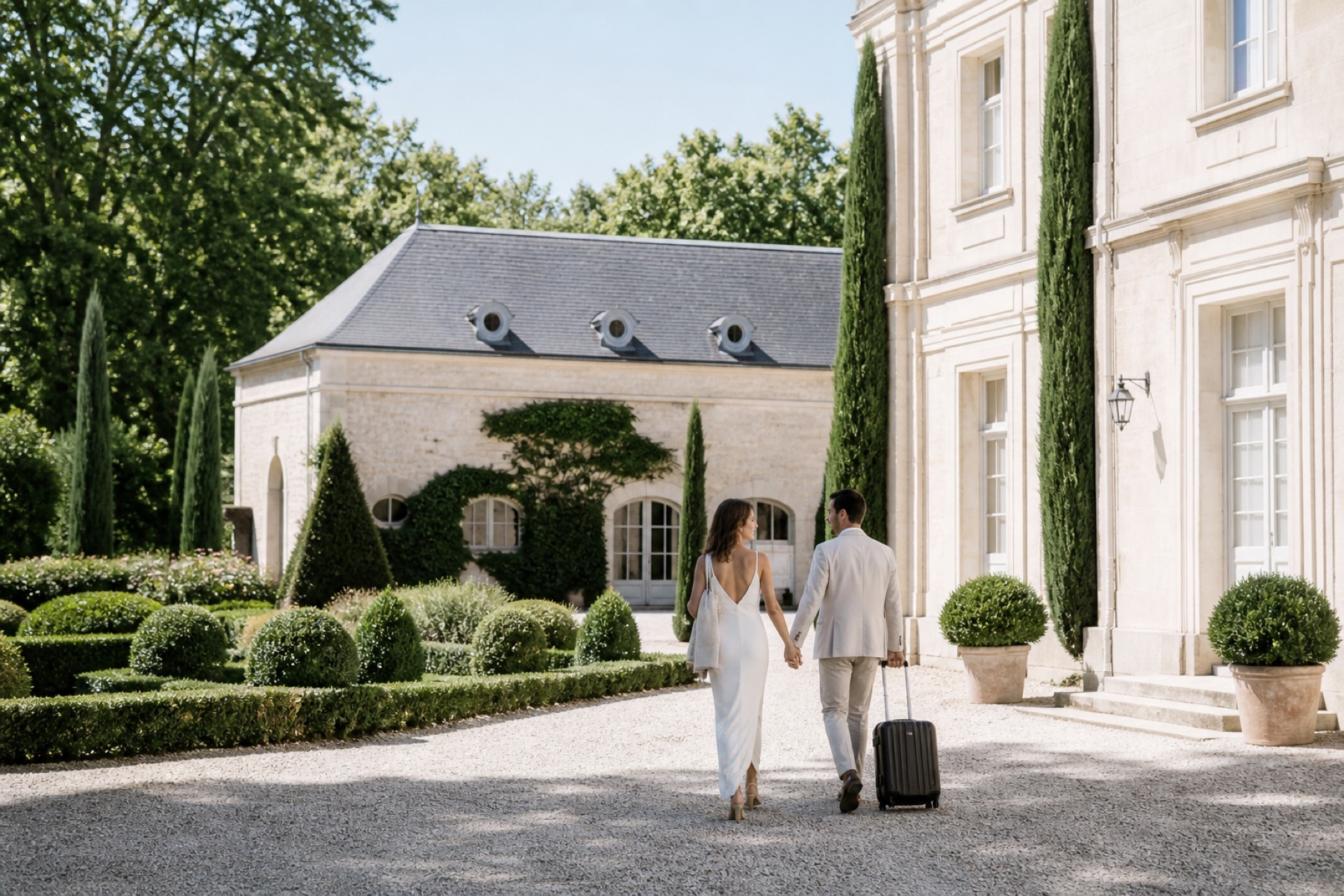Bright French estate courtyard with a couple crossing pale limestone architecture and garden; no décor.