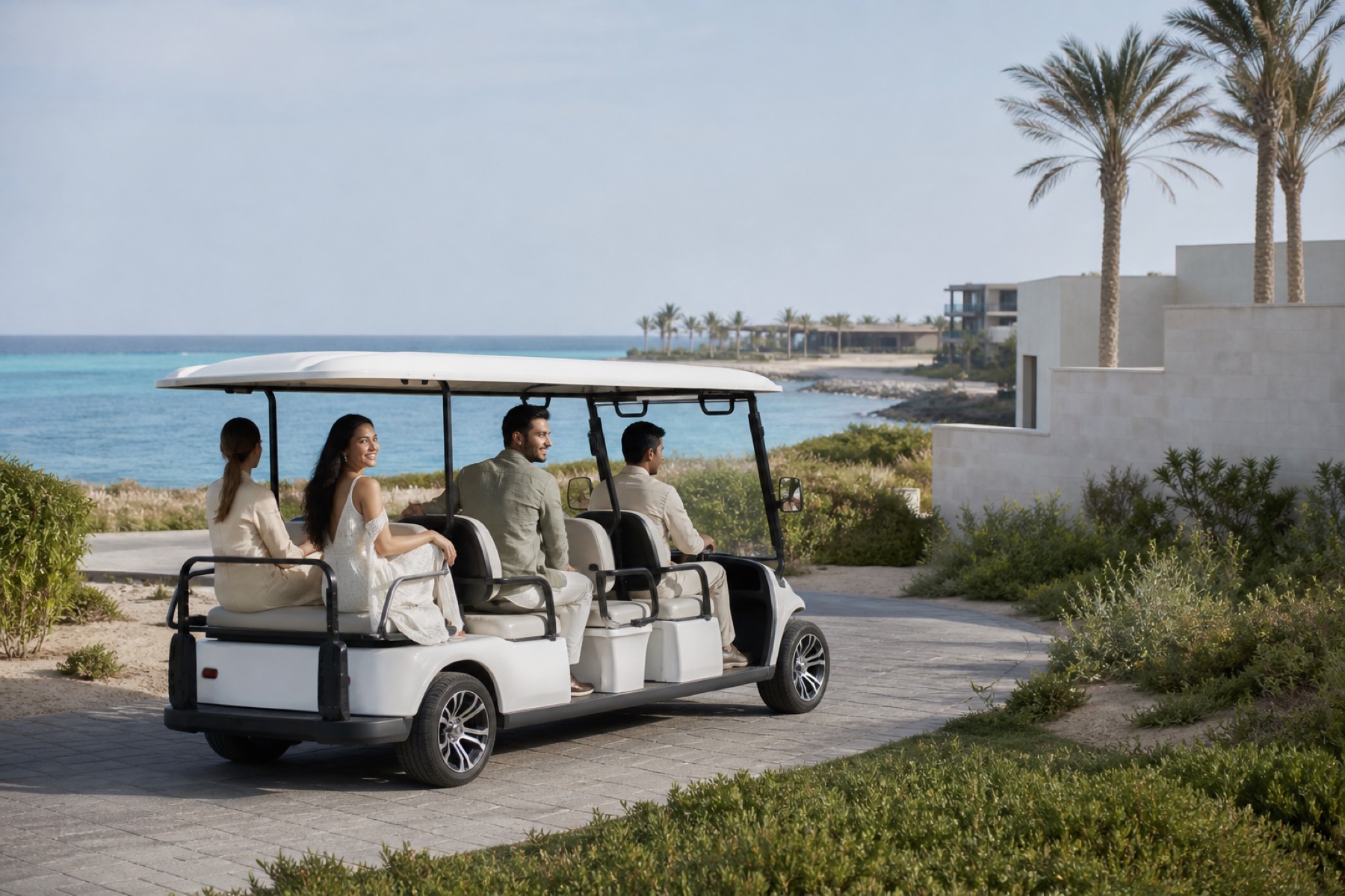 Bright turquoise Saudi Red Sea coast and modern island resort with guests arriving by electric buggy; no décor.