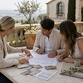Couple reviewing architectural plans with a professional on an outdoor terrace