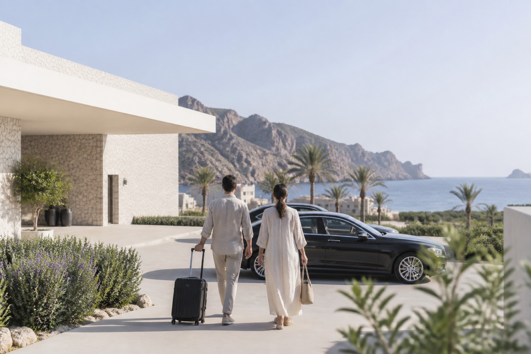 Bright Omani coast and mountains with a couple arriving through pale stone architecture; no décor.