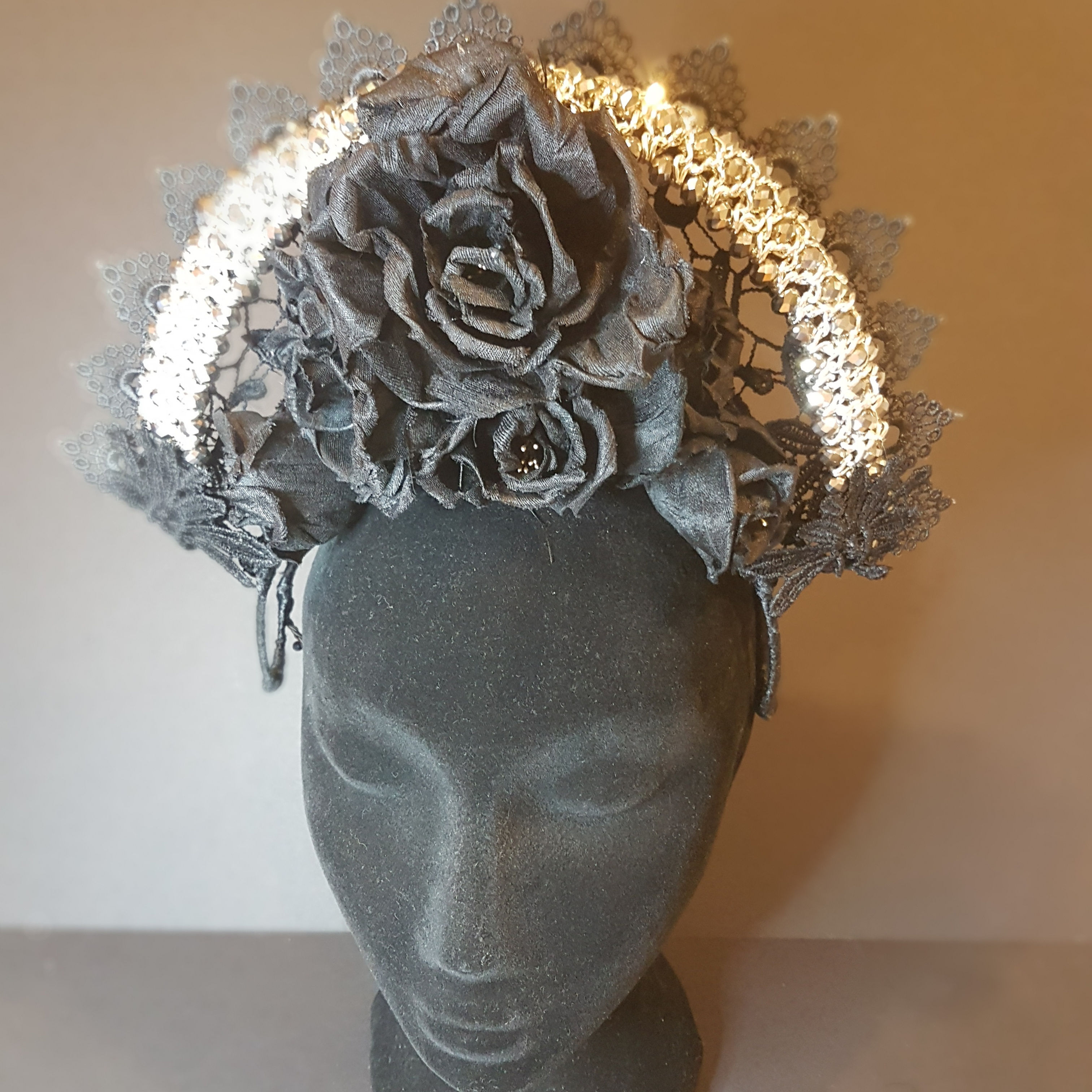 beaded crown black silk french flowers guipure lace fascinator millinery spring racing carnival