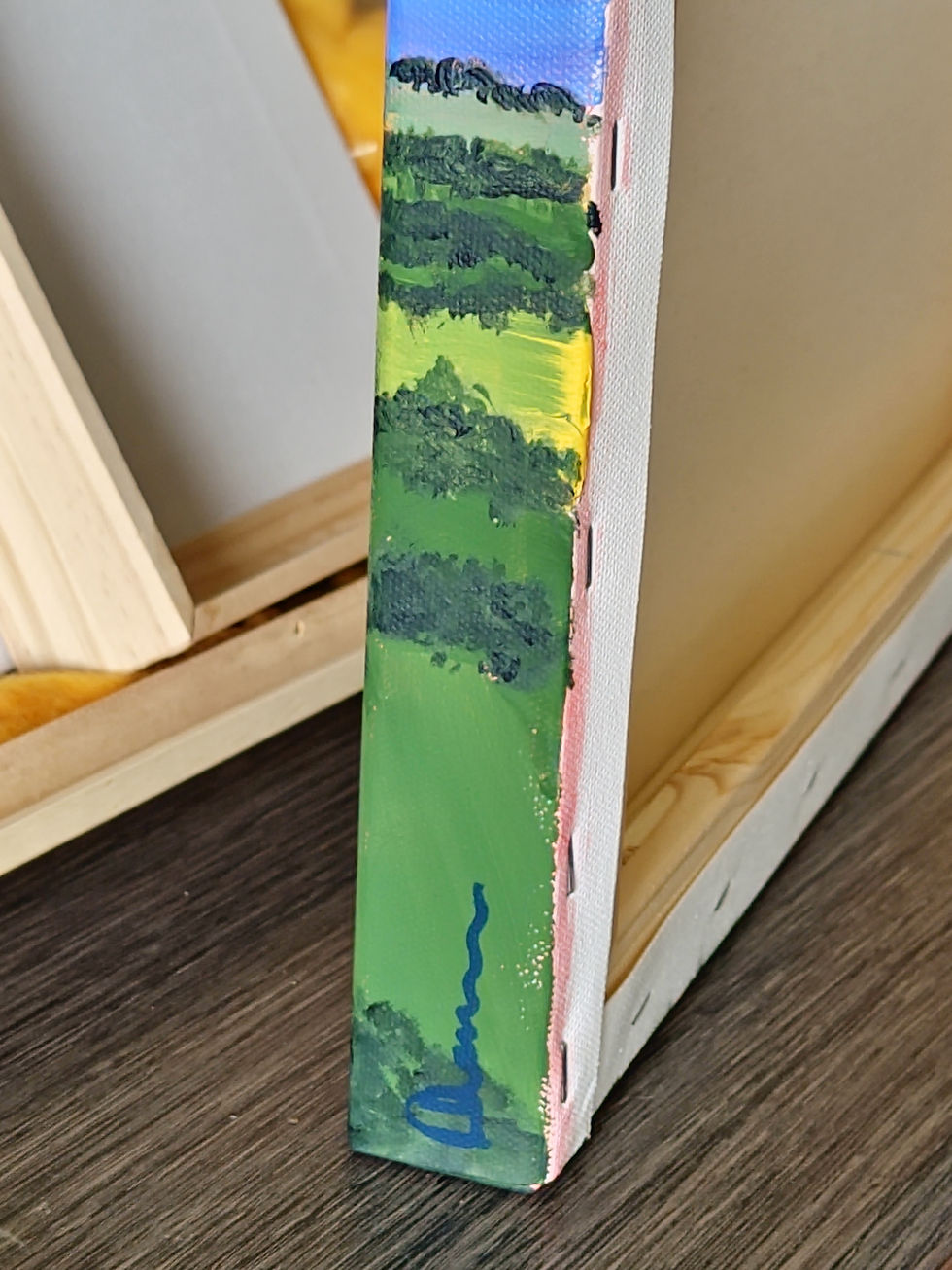 Thumbnail: bottom corner detail of the framed canvas showing colour continuity around the edges as well signed by artist