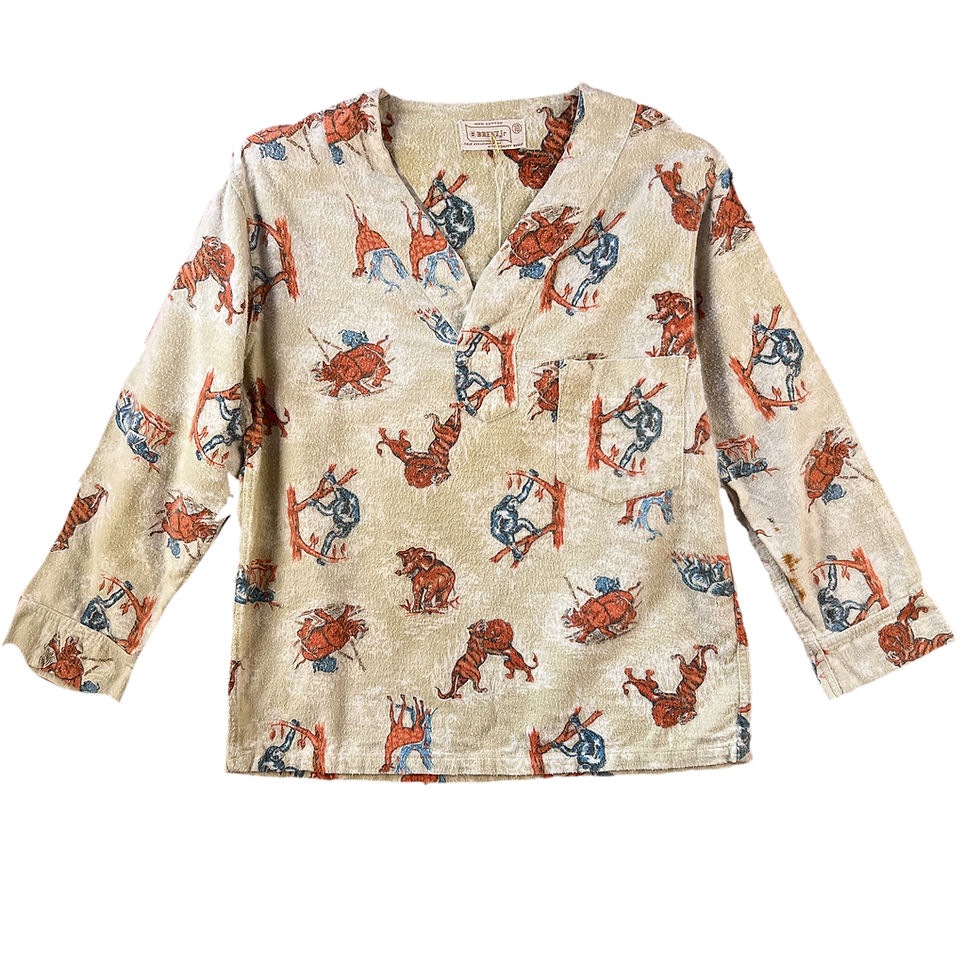 Tan Orange and Blue Jungle Animal Long Sleeve Flannel Pullover Top