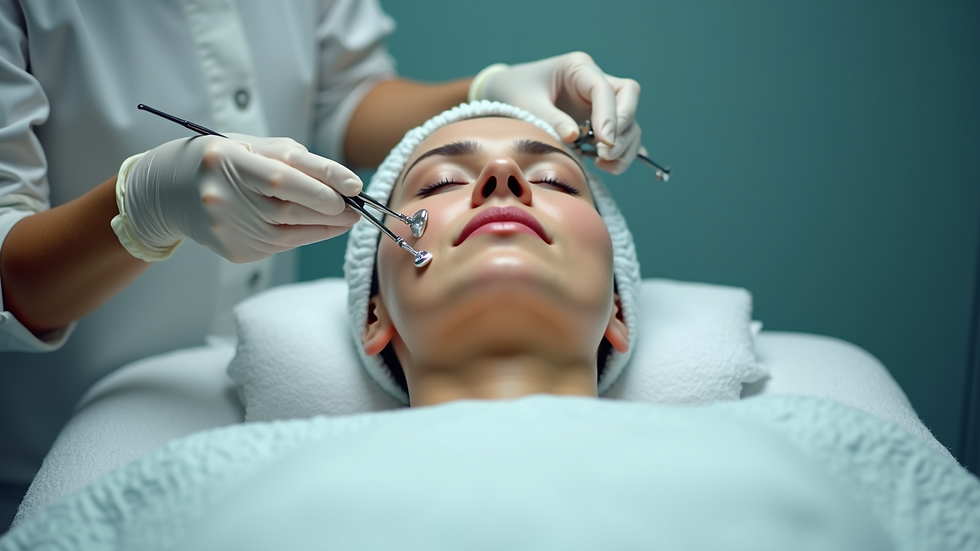 Eye-level view of a skincare professional preparing facial treatment equipment