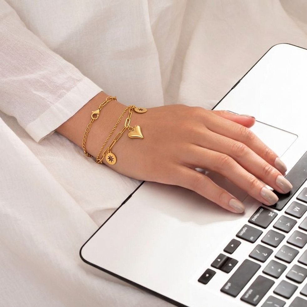 Thumbnail: 18K Gold Plated Layered Charm Bracelet with Heart & Star Accents
