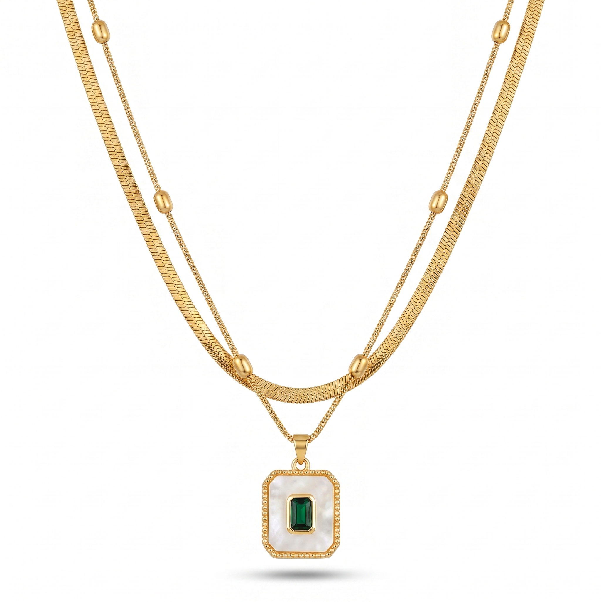 Layered Emerald Frame Gold Necklace – 18K Gold Plated Stainless Steel