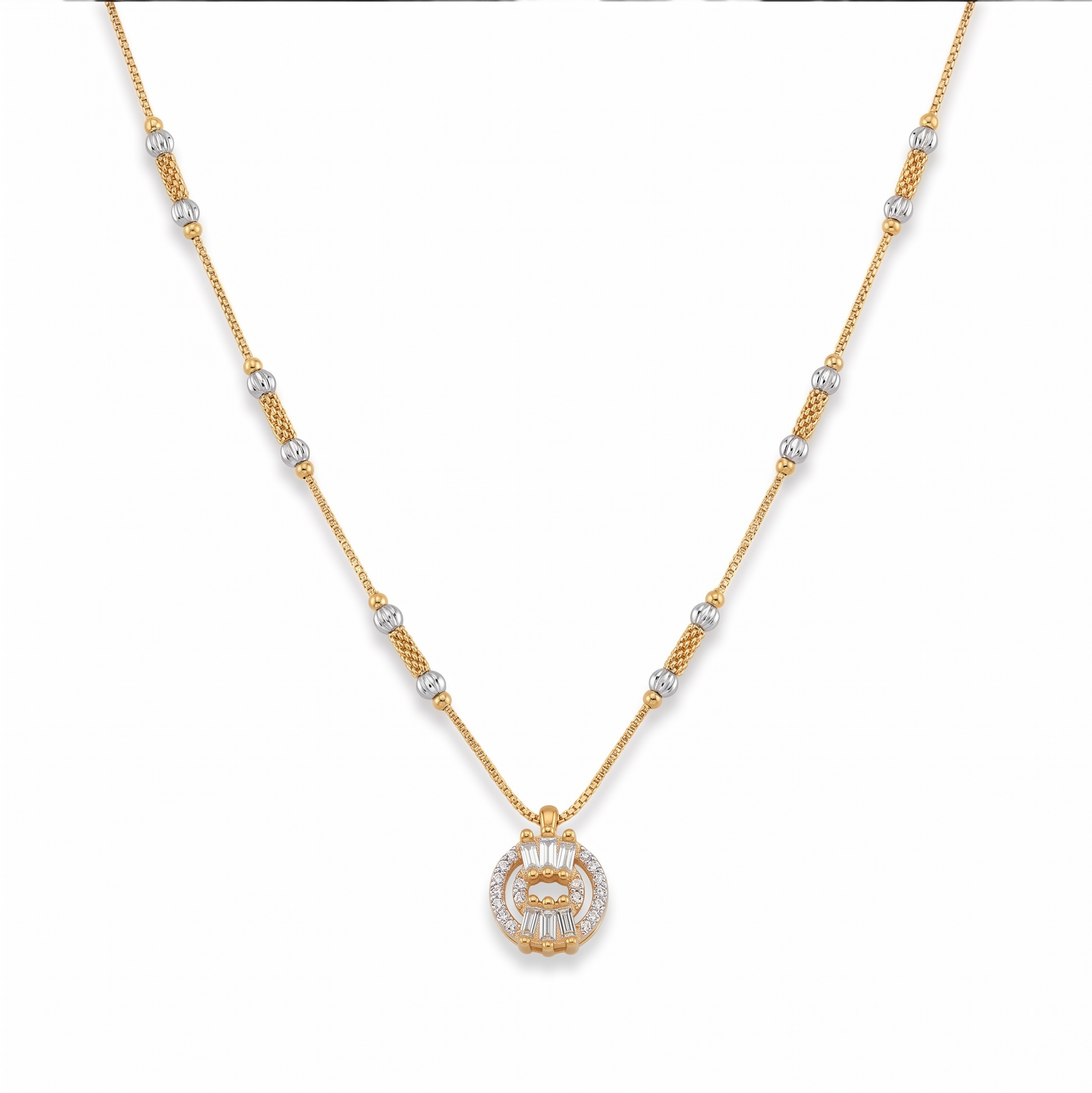 Dual Tone Crystal Circle Pendant Necklace – 18K Gold Plated Stainless Steel