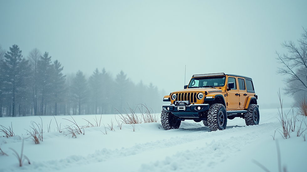 High angle view of offroad vehicle parked in snowy terrain