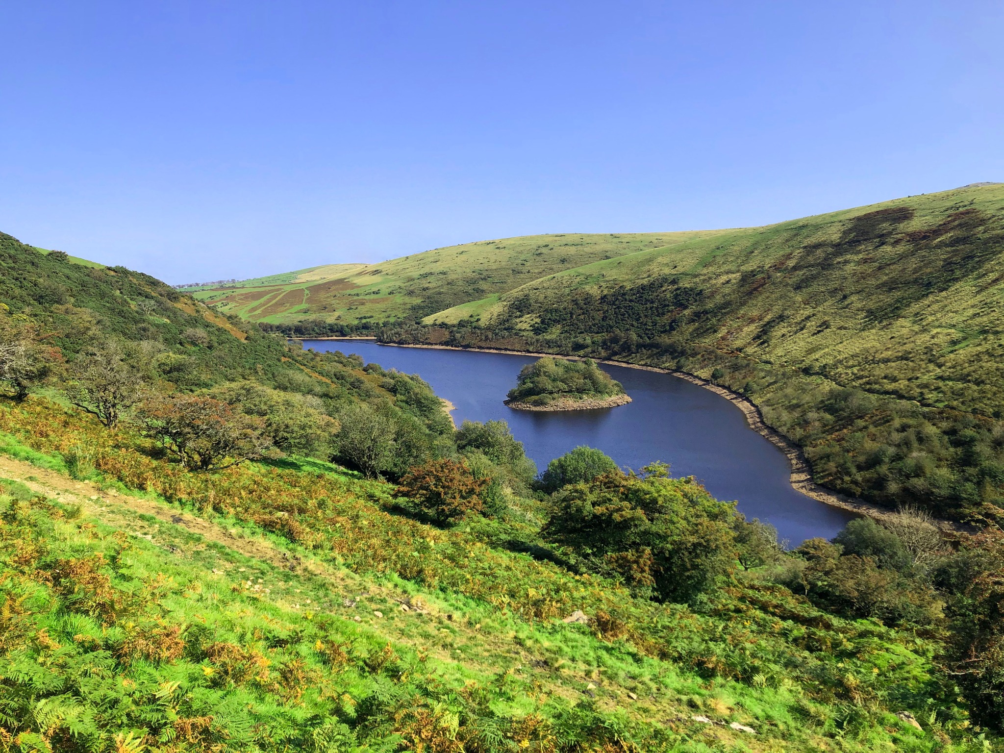 Lake and green hills in Devon
