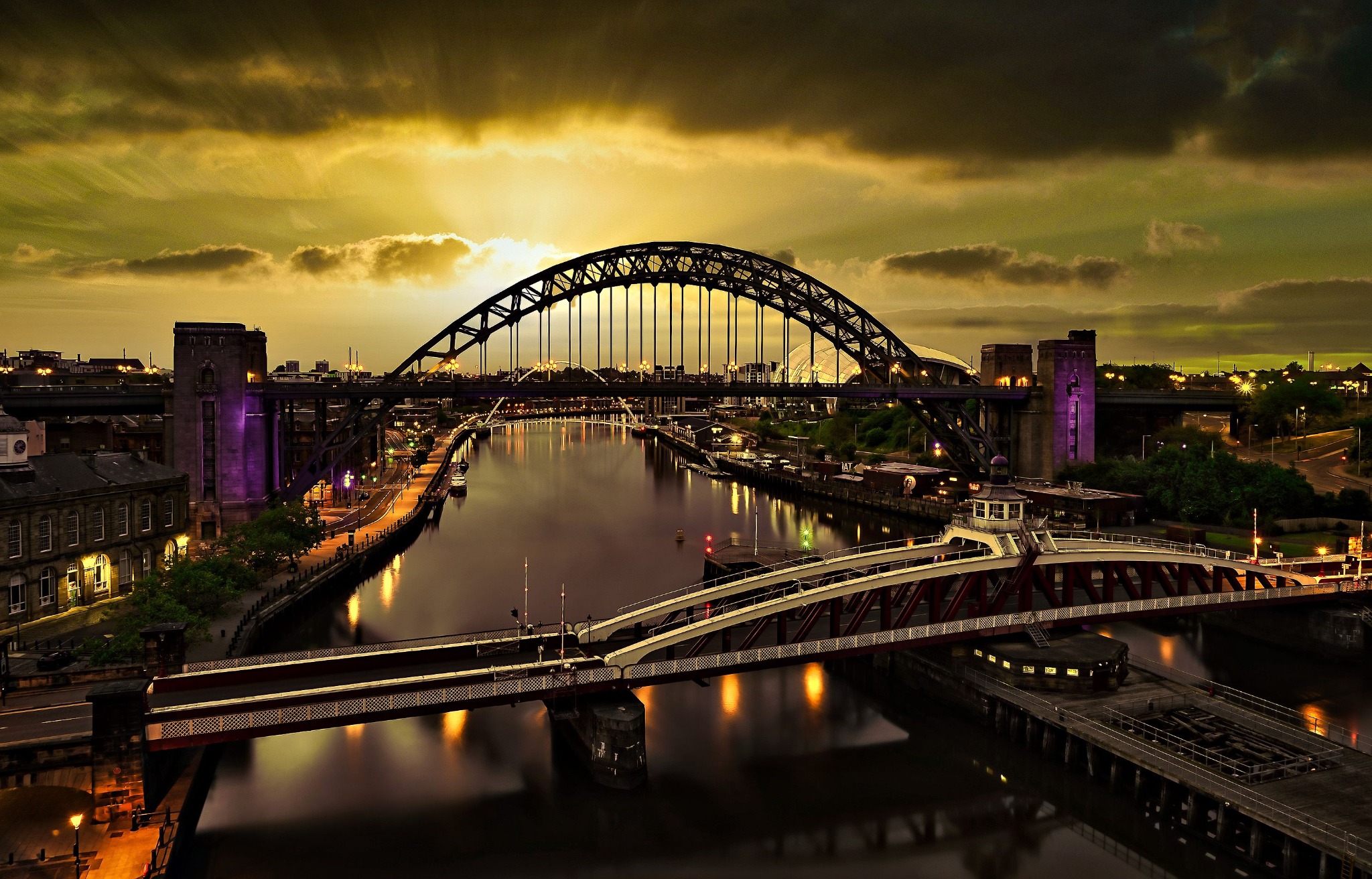 Tyne Bridge and Newcastle Quayside at sunset