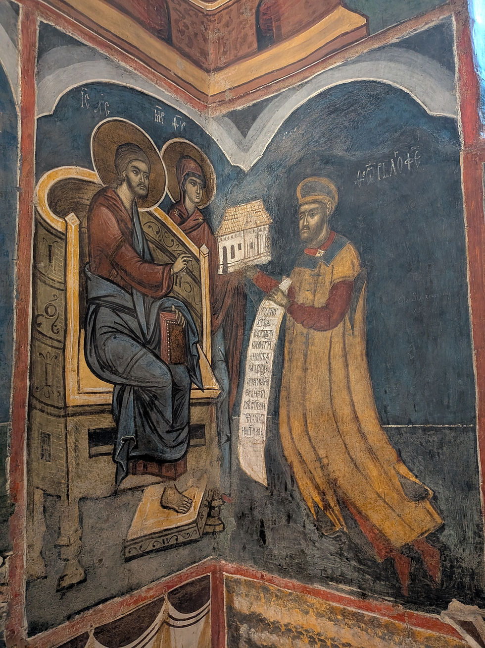 Theodor Bubuiog, le fondateur, offrant au Christ une réplique miniature du monastère