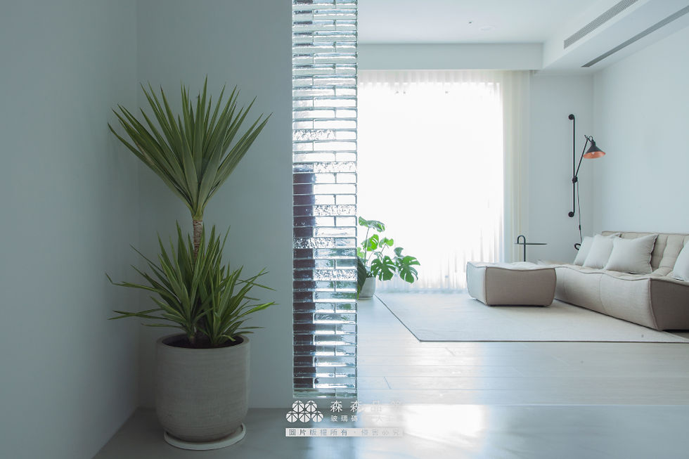 在玄關設計上，玻璃磚可採用同色調不同樣式，讓視覺可以有些變化，冰鑽光玻璃磚特有的鑿冰感側面，點出水波光玻璃磚的晶透感。
