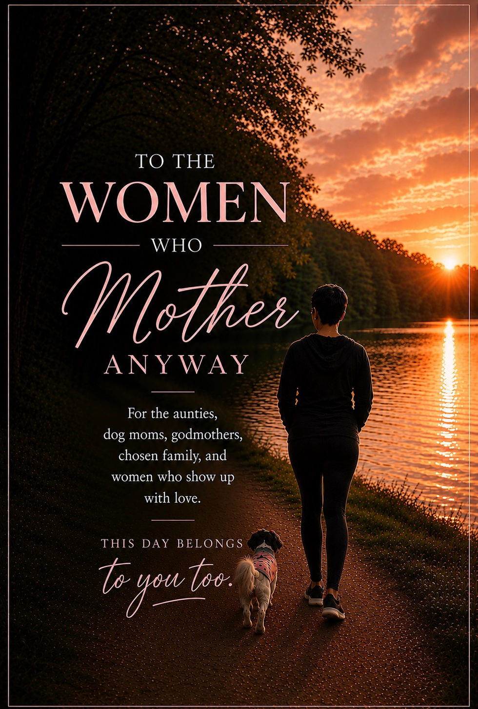 Healthcare executive Tangela Q. Parker walks beside a lake at sunset with her dog Angel Lee beneath the headline “To the Women Who Mother Anyway,” honoring aunties, dog moms, godmothers, and women who nurture others through love, presence, and care.