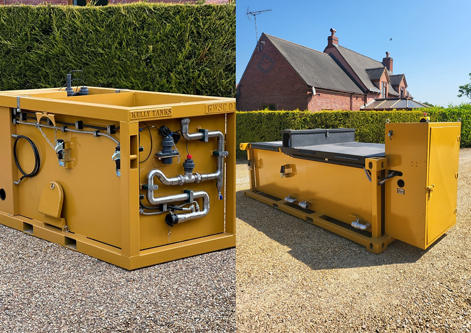 Yellow hydrodemolition waste water treatment tanks, with metal pipes and valves on gravel, hedge, and brick house in background under clear blue sky. Kelly Tanks text visible.