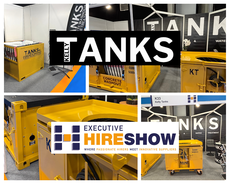 Yellow tanks displayed at a trade show booth, labeled "Kelly Tanks" and "Concrete Washout," with signage for "Executive Hire Show."