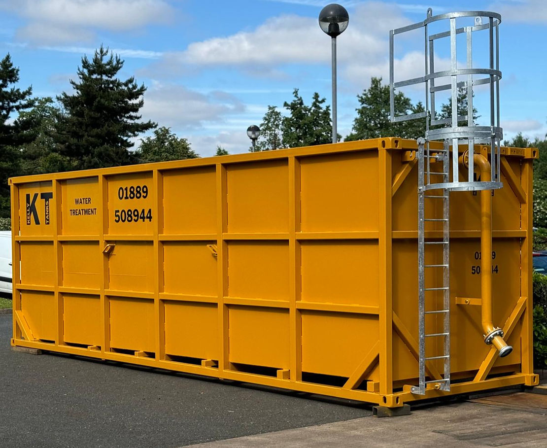 40,000-litre Kelly Tanks Water Storage Tank used for the secure containment and storage of wastewater on construction sites. The tank features a robust steel design with integrated access ladder and pipework connections.