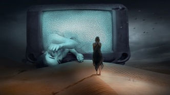Dark Web Tours woman standing before a television screen filled with static.