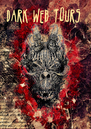 Dark Web Tours abstract skull artwork on a red textured background.