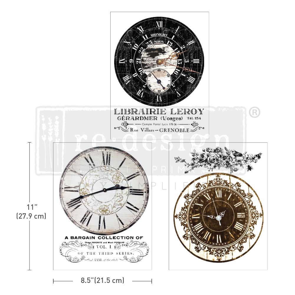 Middy Transfers® - Vintage Clocks - 3 sheets, 8.5"x11"