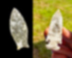 Left: a middle Paleo-style Quad point made from some of our stone. The dark glauconite patches are prevalent in this piece. I'm not sure what causes the yellow patch on the left ear. Maybe iron? Right: an early Archaic-style Bolen point made from our stone.