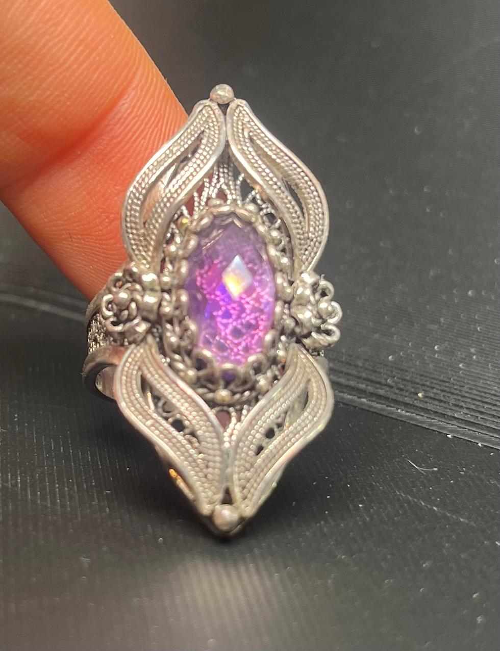 Thumbnail: Diamond shape 925 ring with purple gem Size Q